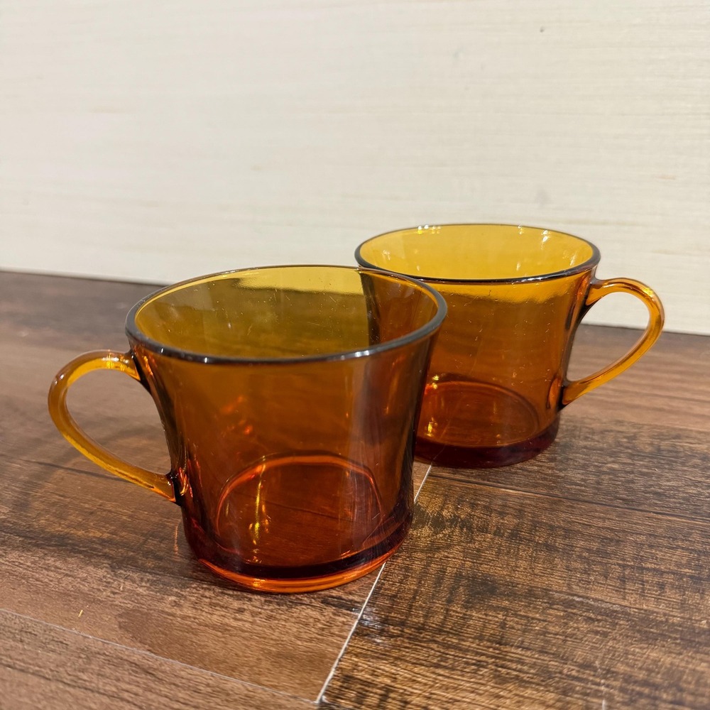 2 VTG 70s Amber Glass Coffee Mugs Duralex France MCM Amber Glass Retro Drinkware